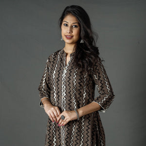 Brown - Pipad Block Printed Cotton A-Line Long Kurta