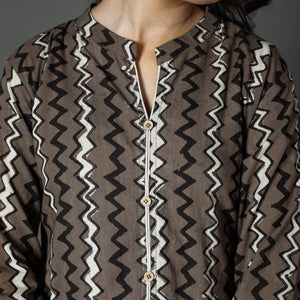Brown - Pipad Block Printed Cotton A-Line Long Kurta