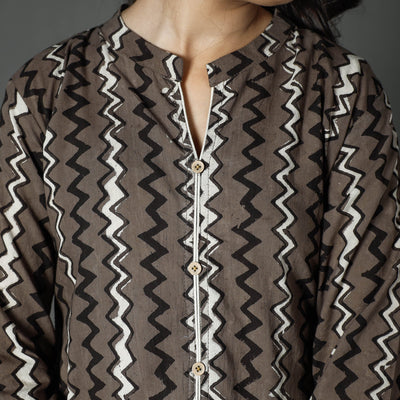 Brown - Pipad Block Printed Cotton A-Line Long Kurta