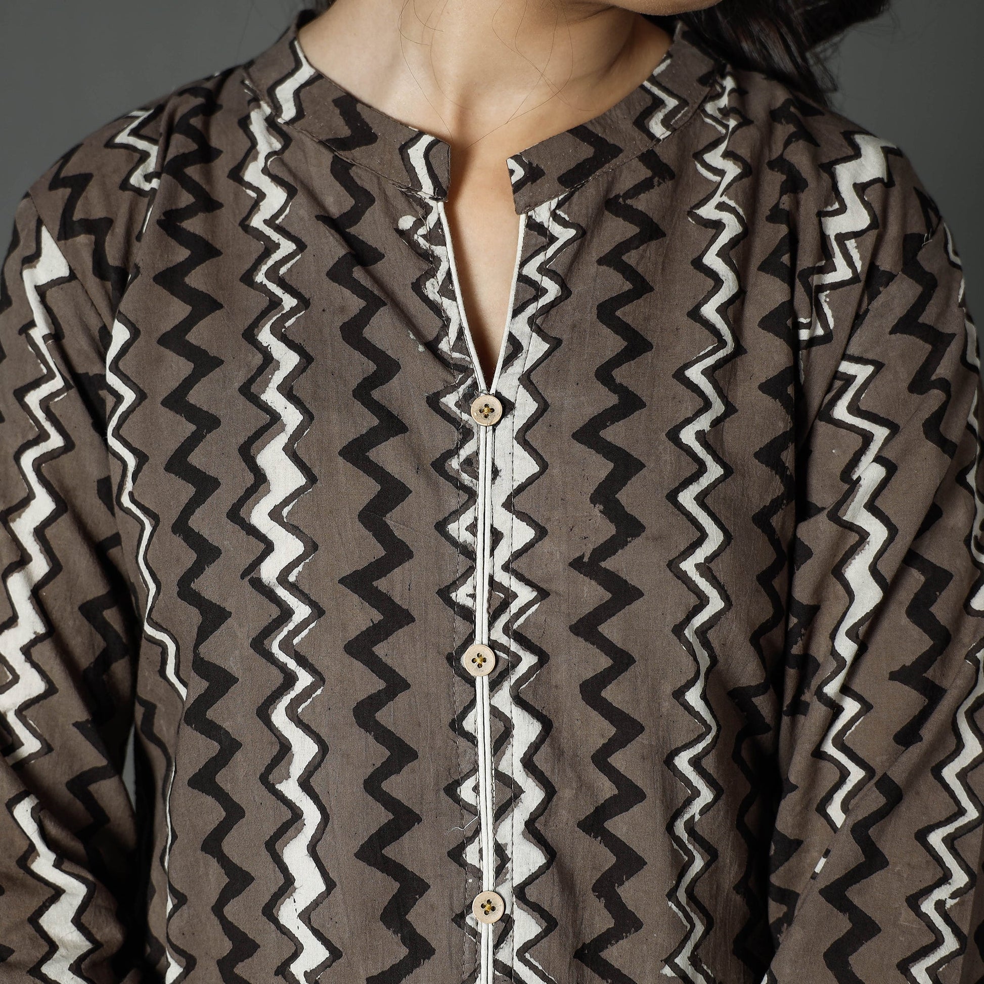 Brown - Pipad Block Printed Cotton A-Line Long Kurta