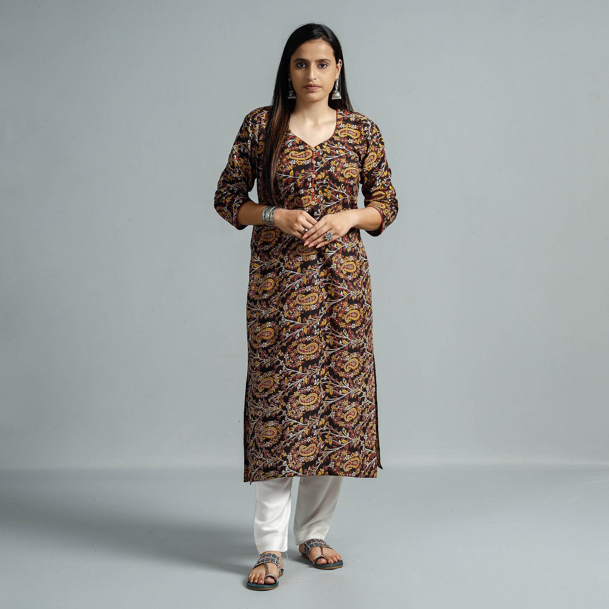 Black - Kalamkari Printed Cotton Straight Kurta