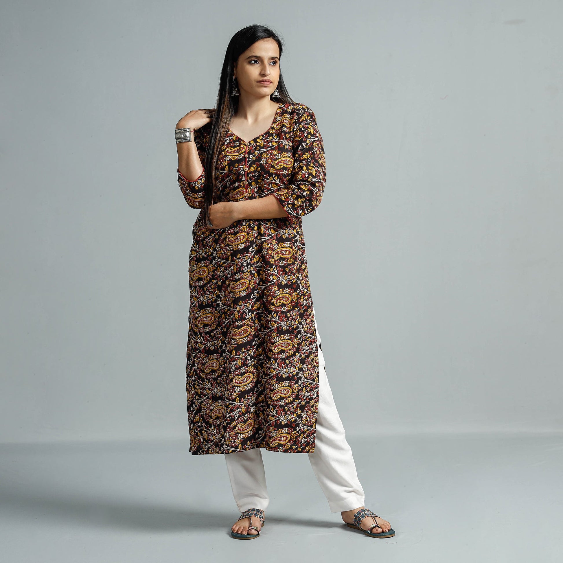 Black - Kalamkari Printed Cotton Straight Kurta