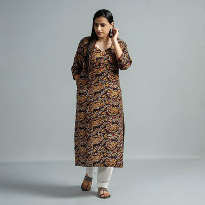Black - Kalamkari Printed Cotton Straight Kurta