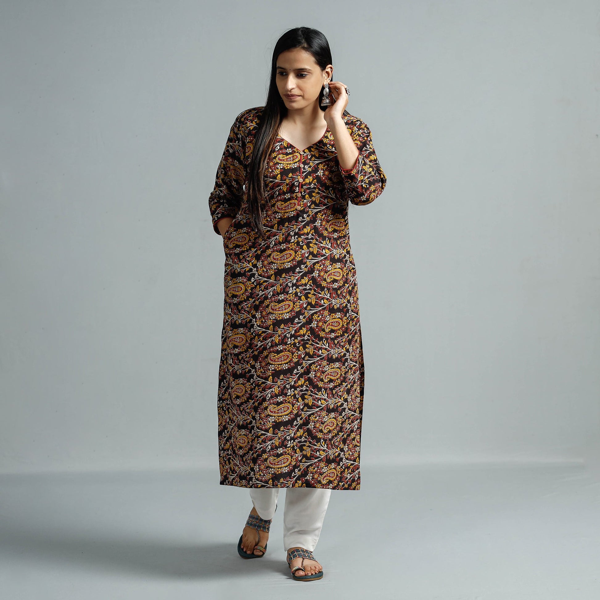 Black - Kalamkari Printed Cotton Straight Kurta