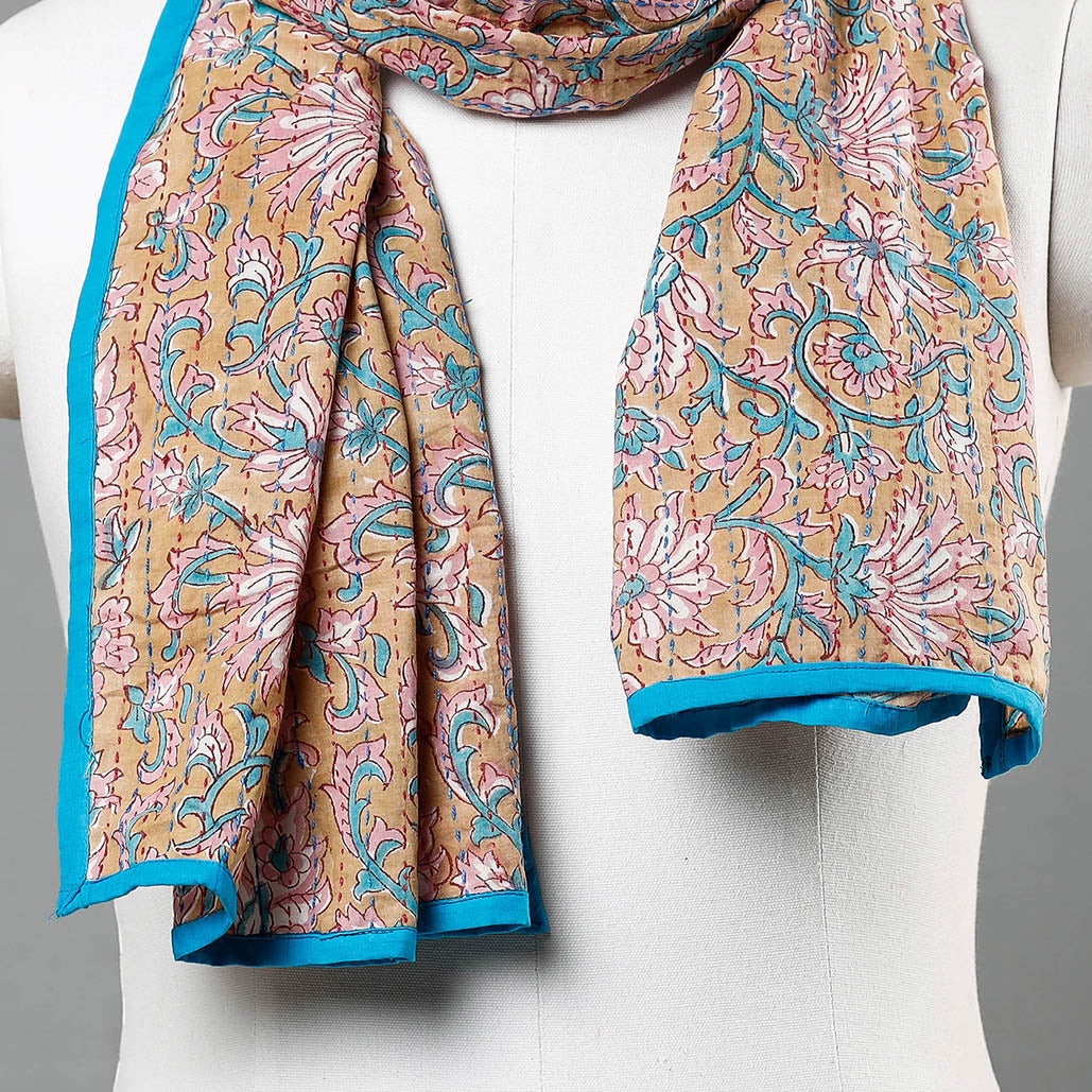 Beige - Sanganeri Block Printed Tagai Work Cotton Stole