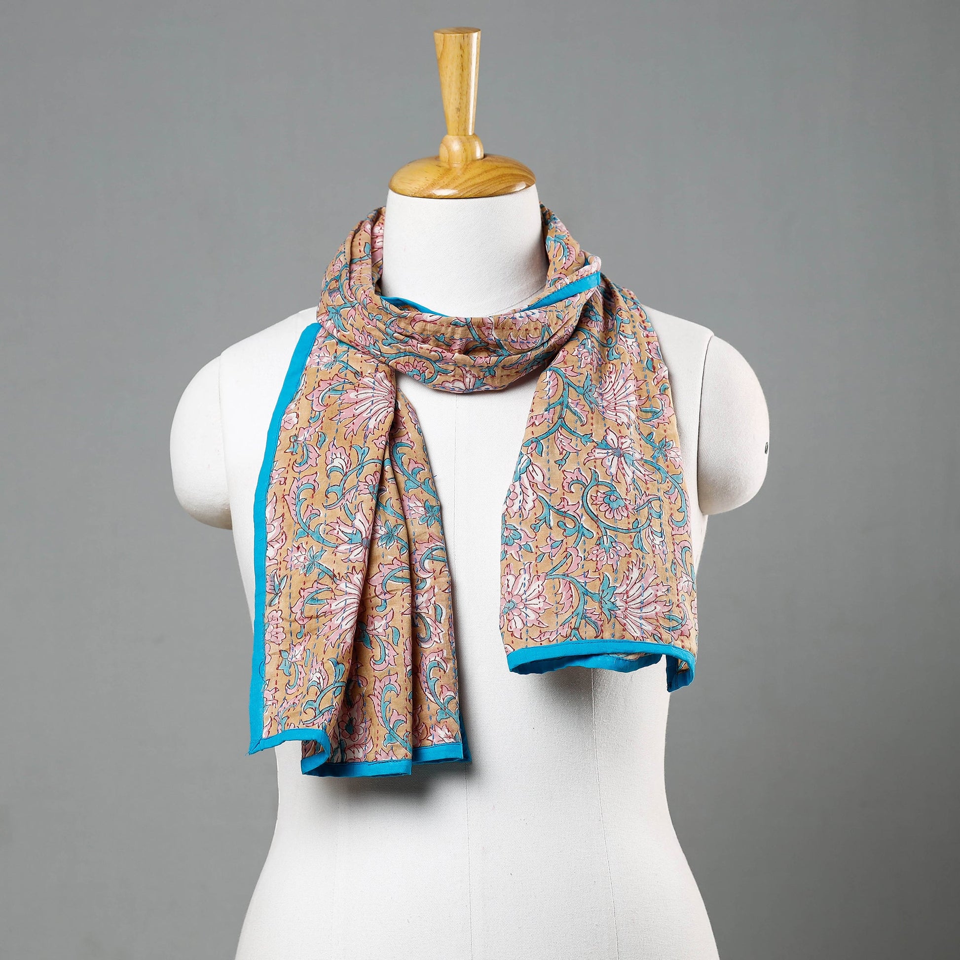 Beige - Sanganeri Block Printed Tagai Work Cotton Stole