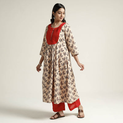 Beige - Block Print Handwoven Cotton A-Line Mangalagiri Kurta 01