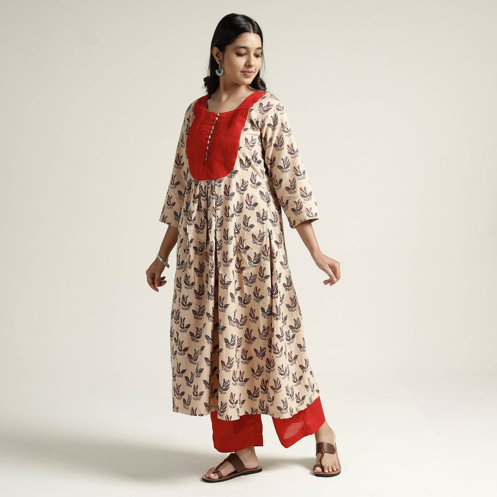 Beige - Block Print Handwoven Cotton A-Line Mangalagiri Kurta 01