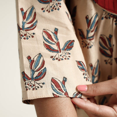 Beige - Block Print Handwoven Cotton A-Line Mangalagiri Kurta 01