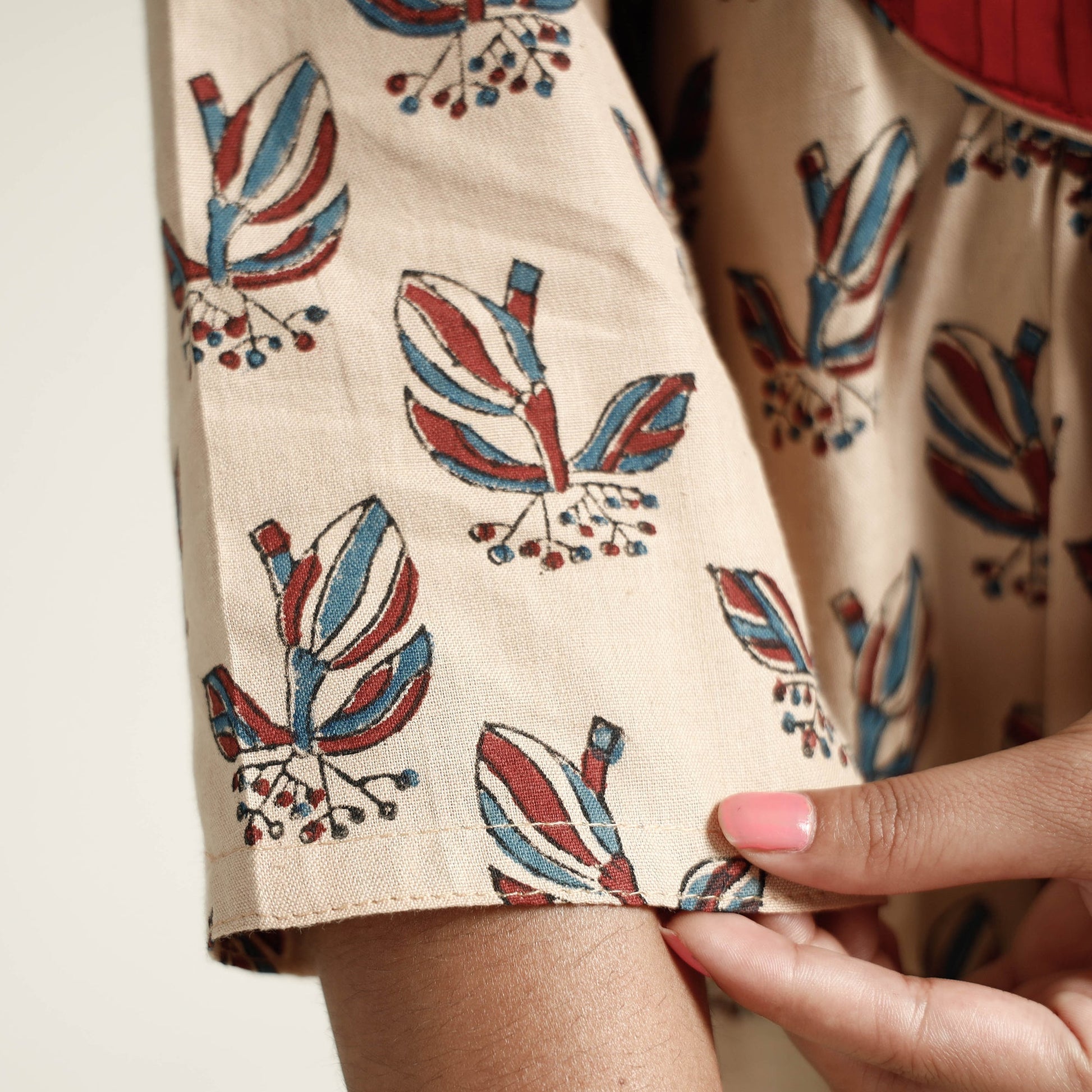 Beige - Block Print Handwoven Cotton A-Line Mangalagiri Kurta 01
