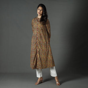 Brown - Pipad Block Printed Cotton A-Line Long Kurta