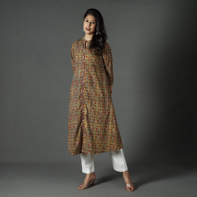 Brown - Pipad Block Printed Cotton A-Line Long Kurta