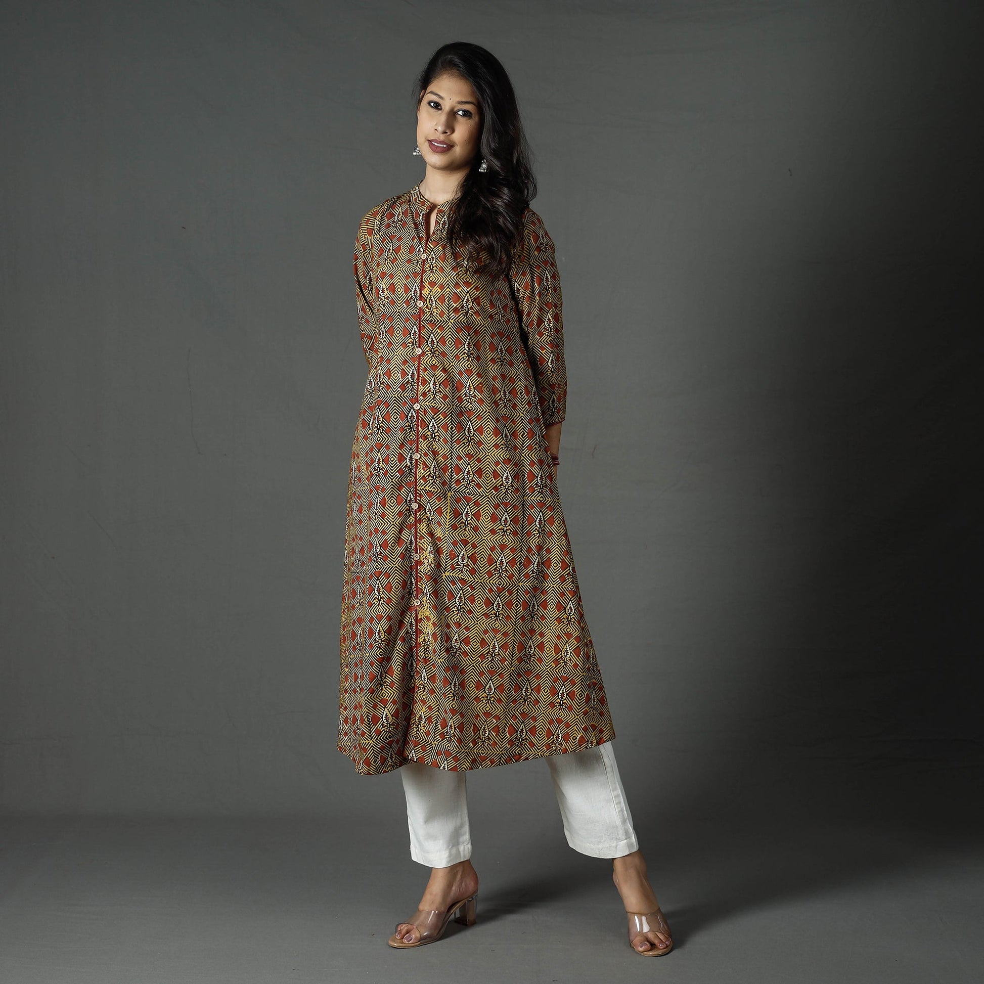 Brown - Pipad Block Printed Cotton A-Line Long Kurta