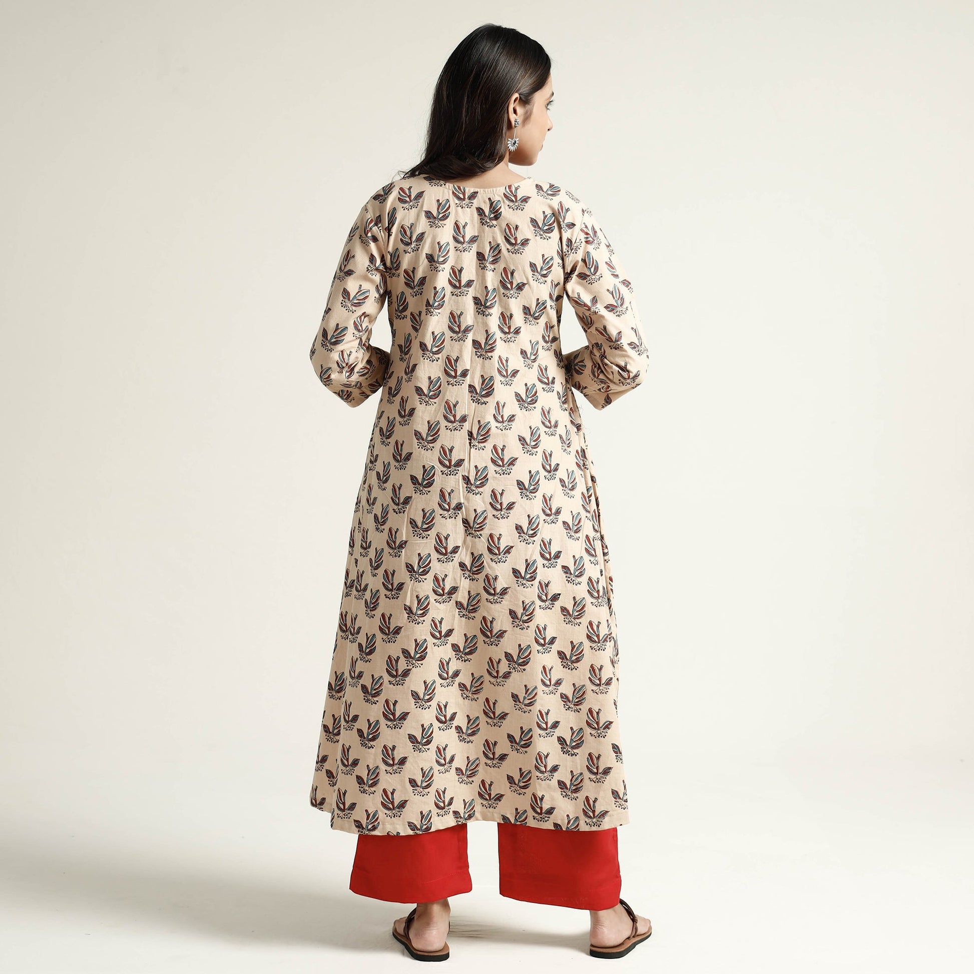Beige - Block Print Handwoven Cotton A-Line Mangalagiri Kurta 01