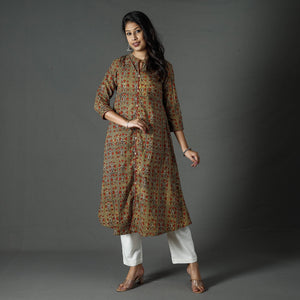 Brown - Pipad Block Printed Cotton A-Line Long Kurta