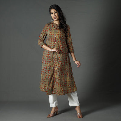 Brown - Pipad Block Printed Cotton A-Line Long Kurta