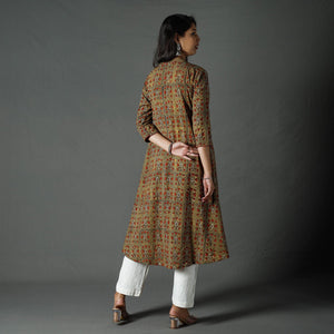 Brown - Pipad Block Printed Cotton A-Line Long Kurta