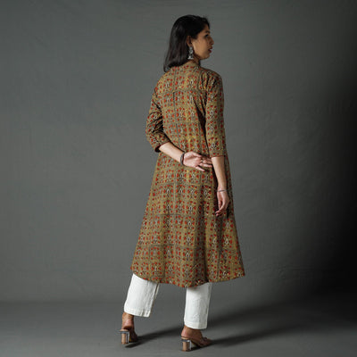 Brown - Pipad Block Printed Cotton A-Line Long Kurta