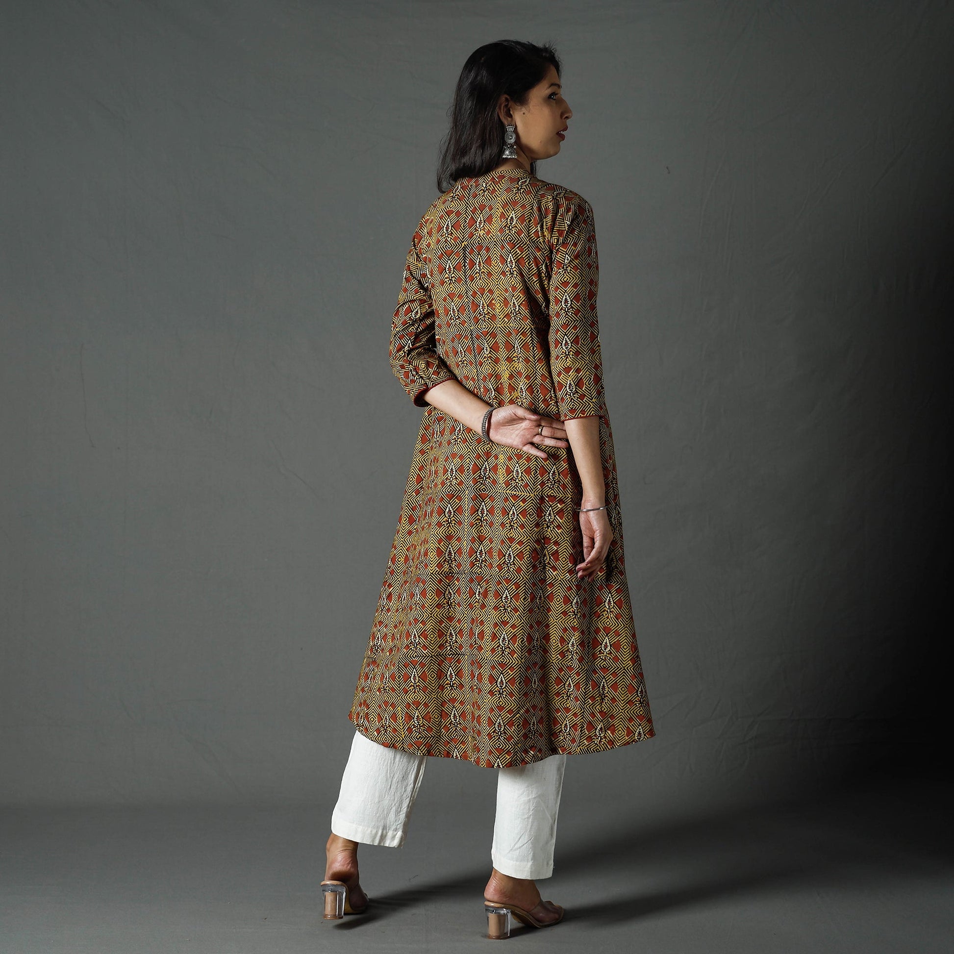 Brown - Pipad Block Printed Cotton A-Line Long Kurta