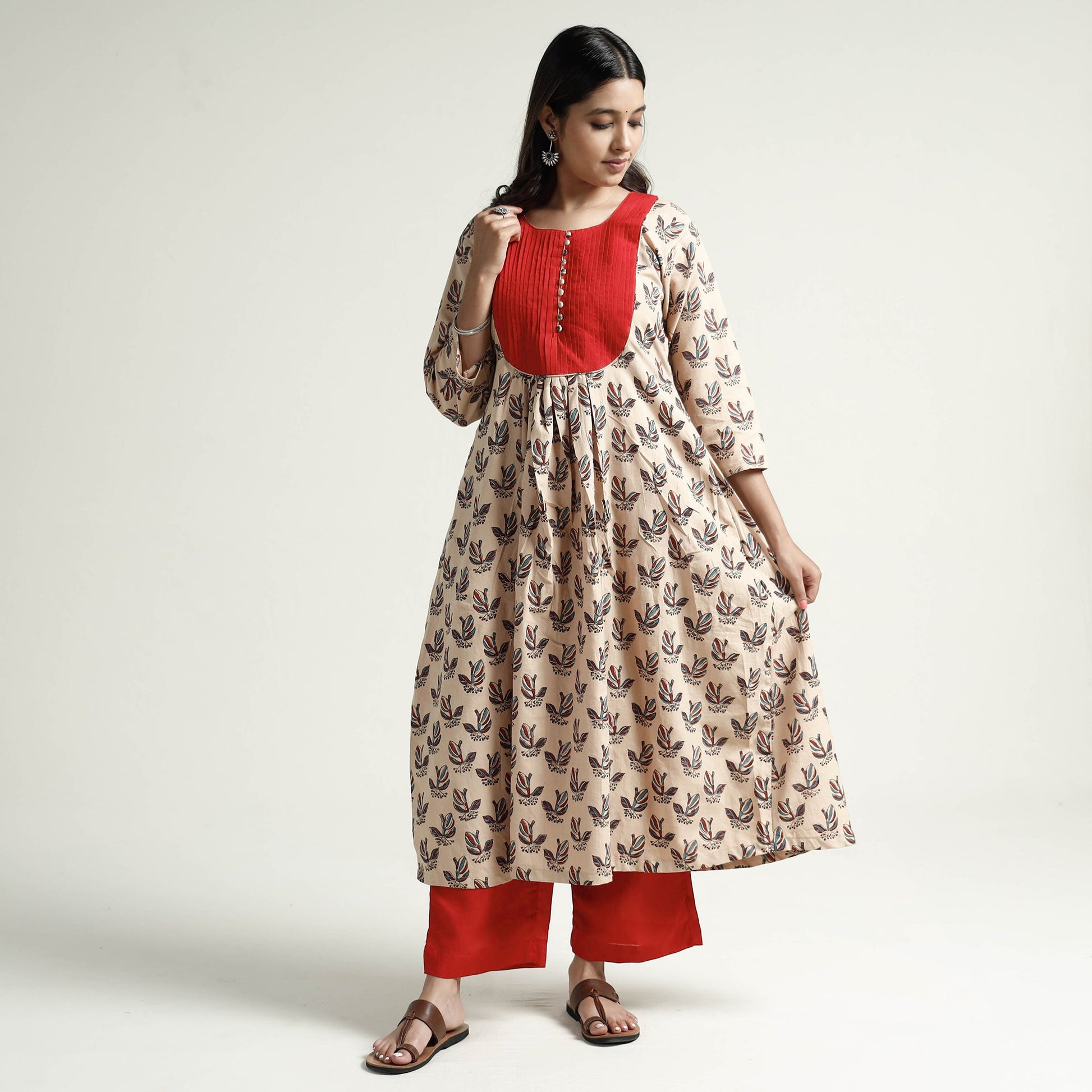 Beige - Block Print Handwoven Cotton A-Line Mangalagiri Kurta 01