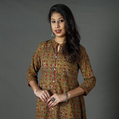 Brown - Pipad Block Printed Cotton A-Line Long Kurta