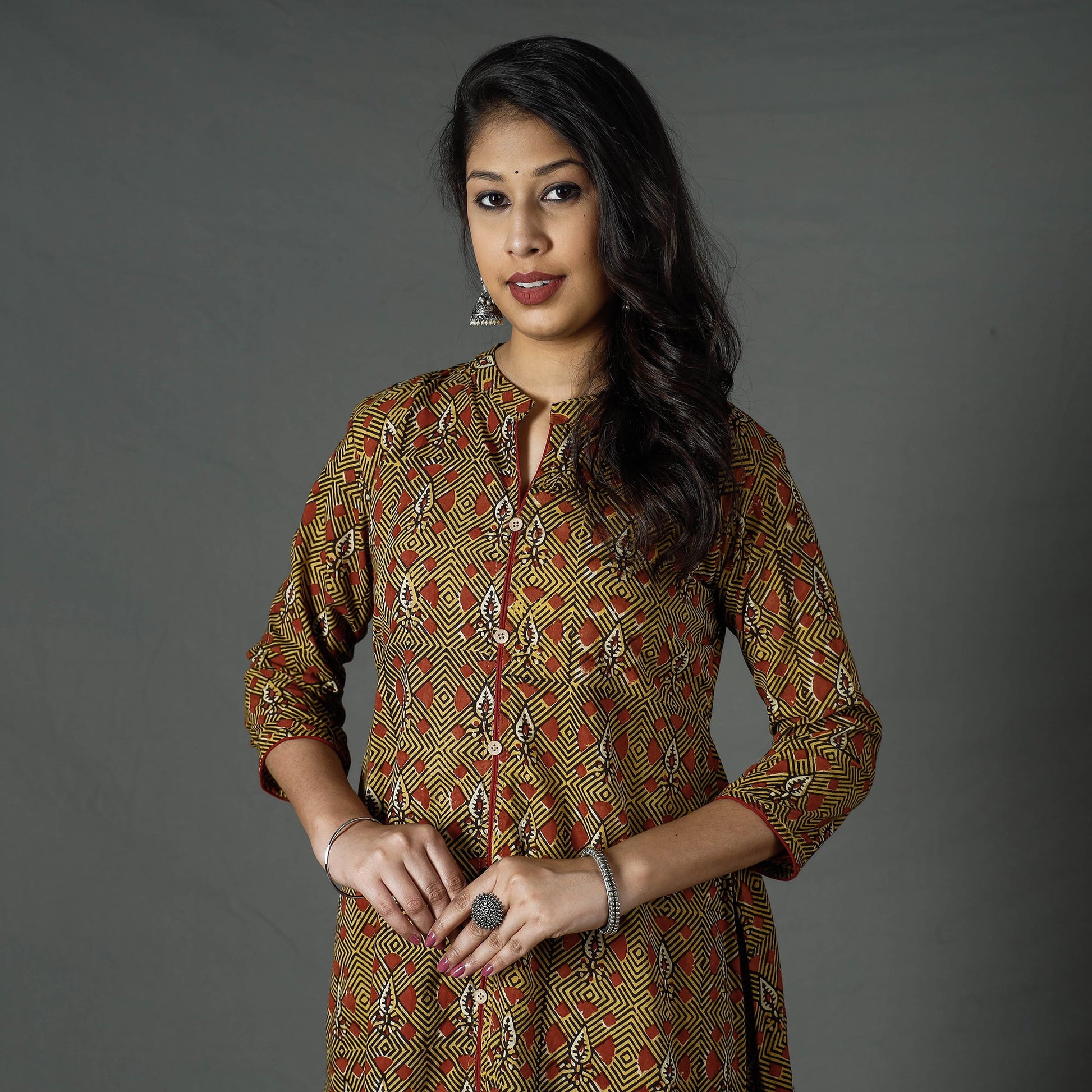 Brown - Pipad Block Printed Cotton A-Line Long Kurta