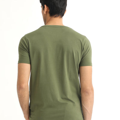 Rare Rabbit Men's Quet Olive Crew Neck With Botanical Chest Graphic Half Sleeves Slim Fit T-Shirt