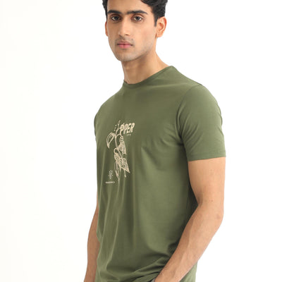 Rare Rabbit Men's Quet Olive Crew Neck With Botanical Chest Graphic Half Sleeves Slim Fit T-Shirt