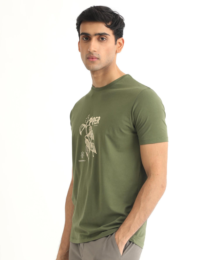 Rare Rabbit Men's Quet Olive Crew Neck With Botanical Chest Graphic Half Sleeves Slim Fit T-Shirt