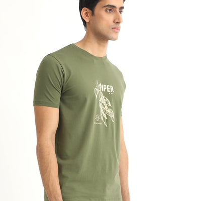 Rare Rabbit Men's Quet Olive Crew Neck With Botanical Chest Graphic Half Sleeves Slim Fit T-Shirt