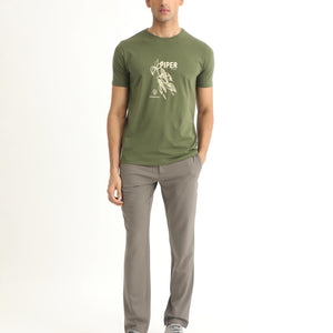 Rare Rabbit Men's Quet Olive Crew Neck With Botanical Chest Graphic Half Sleeves Slim Fit T-Shirt
