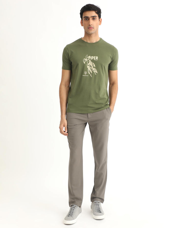 Rare Rabbit Men's Quet Olive Crew Neck With Botanical Chest Graphic Half Sleeves Slim Fit T-Shirt