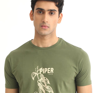 Rare Rabbit Men's Quet Olive Crew Neck With Botanical Chest Graphic Half Sleeves Slim Fit T-Shirt