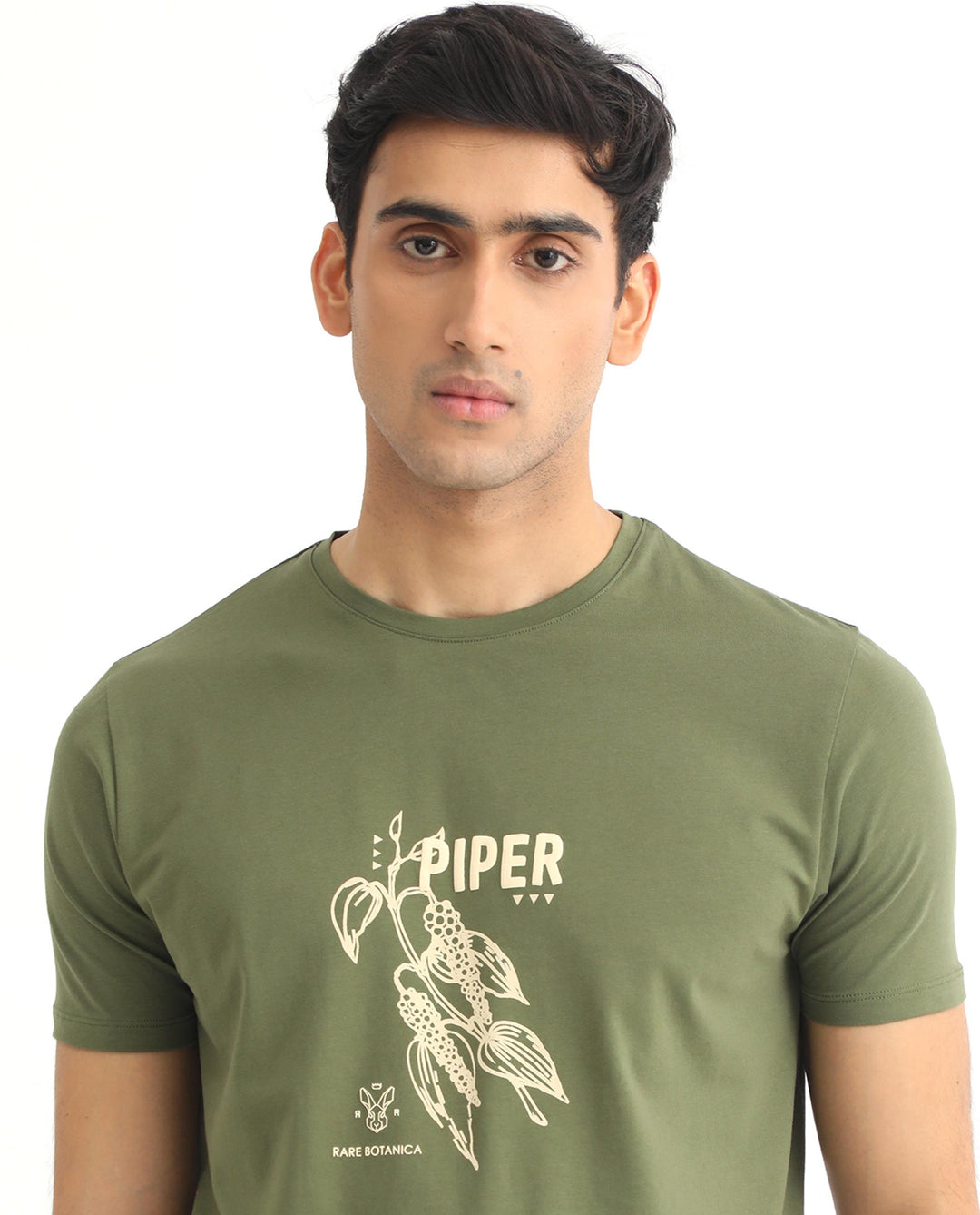 Rare Rabbit Men's Quet Olive Crew Neck With Botanical Chest Graphic Half Sleeves Slim Fit T-Shirt