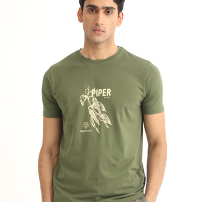 Rare Rabbit Men's Quet Olive Crew Neck With Botanical Chest Graphic Half Sleeves Slim Fit T-Shirt