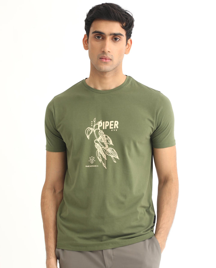 Rare Rabbit Men's Quet Olive Crew Neck With Botanical Chest Graphic Half Sleeves Slim Fit T-Shirt