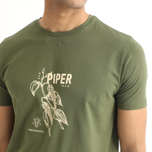 Rare Rabbit Men's Quet Olive Crew Neck With Botanical Chest Graphic Half Sleeves Slim Fit T-Shirt