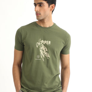 Rare Rabbit Men's Quet Olive Crew Neck With Botanical Chest Graphic Half Sleeves Slim Fit T-Shirt