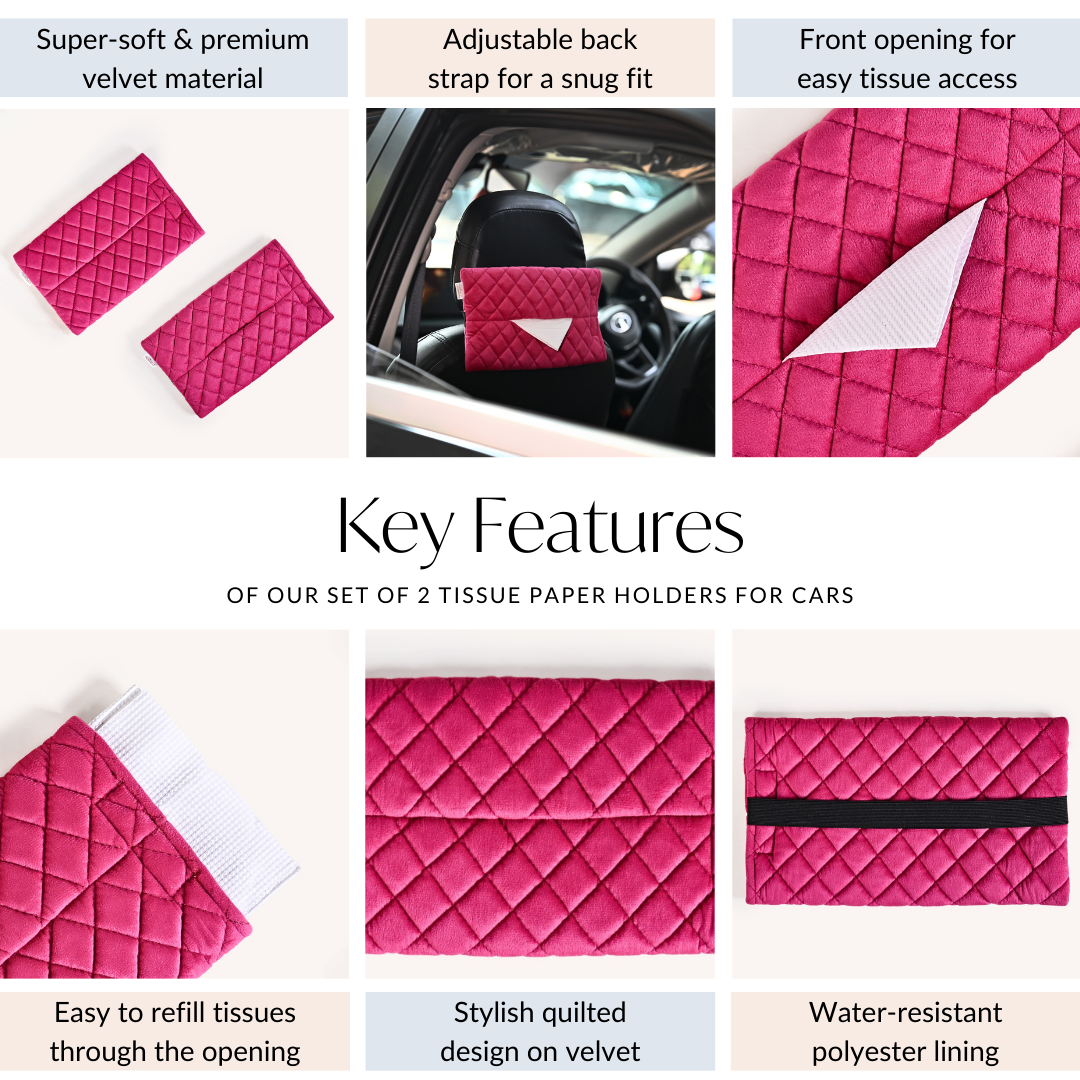 Set Of 2 Quilted Velvet Tissue Holders For Cars