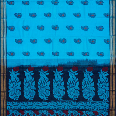Turqoise Handwoven Rasipuram Cotton Saree With Mango Motifs-Turquoise
