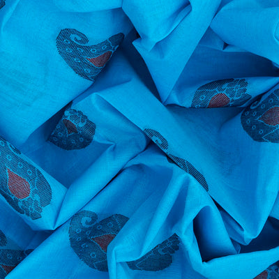 Turqoise Handwoven Rasipuram Cotton Saree With Mango Motifs-Turquoise