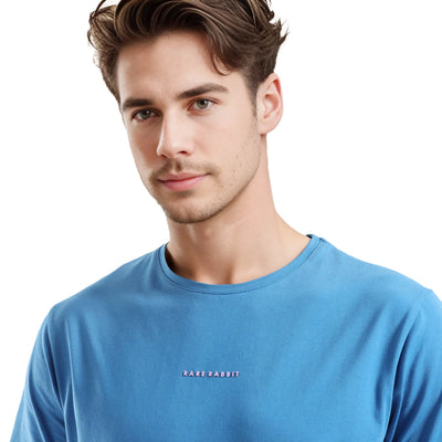 Rare Rabbit Men Rabbit-Inf Petrol Cotton Lycra Fabric Short Sleeve Crew Neck Regular Fit Printed T-Shirt