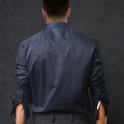 Rare Rabbit Men's Radon Navy Cotton Fabric Mandarin Collar Full Sleeves Solid Shirt