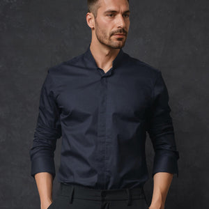 Rare Rabbit Men's Radon Navy Cotton Fabric Mandarin Collar Full Sleeves Solid Shirt