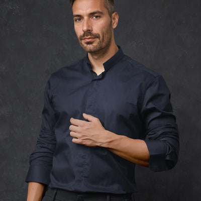 Rare Rabbit Men's Radon Navy Cotton Fabric Mandarin Collar Full Sleeves Solid Shirt