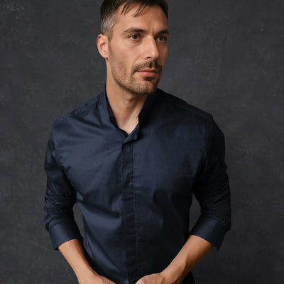 Rare Rabbit Men's Radon Navy Cotton Fabric Mandarin Collar Full Sleeves Solid Shirt
