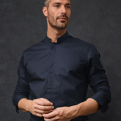 Rare Rabbit Men's Radon Navy Cotton Fabric Mandarin Collar Full Sleeves Solid Shirt