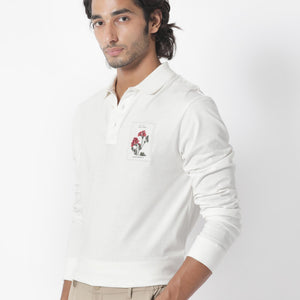 Rare Rabbit Men's Raz Off White Collared Neck Statement Chest Label Full Sleeve Polo T-Shirt