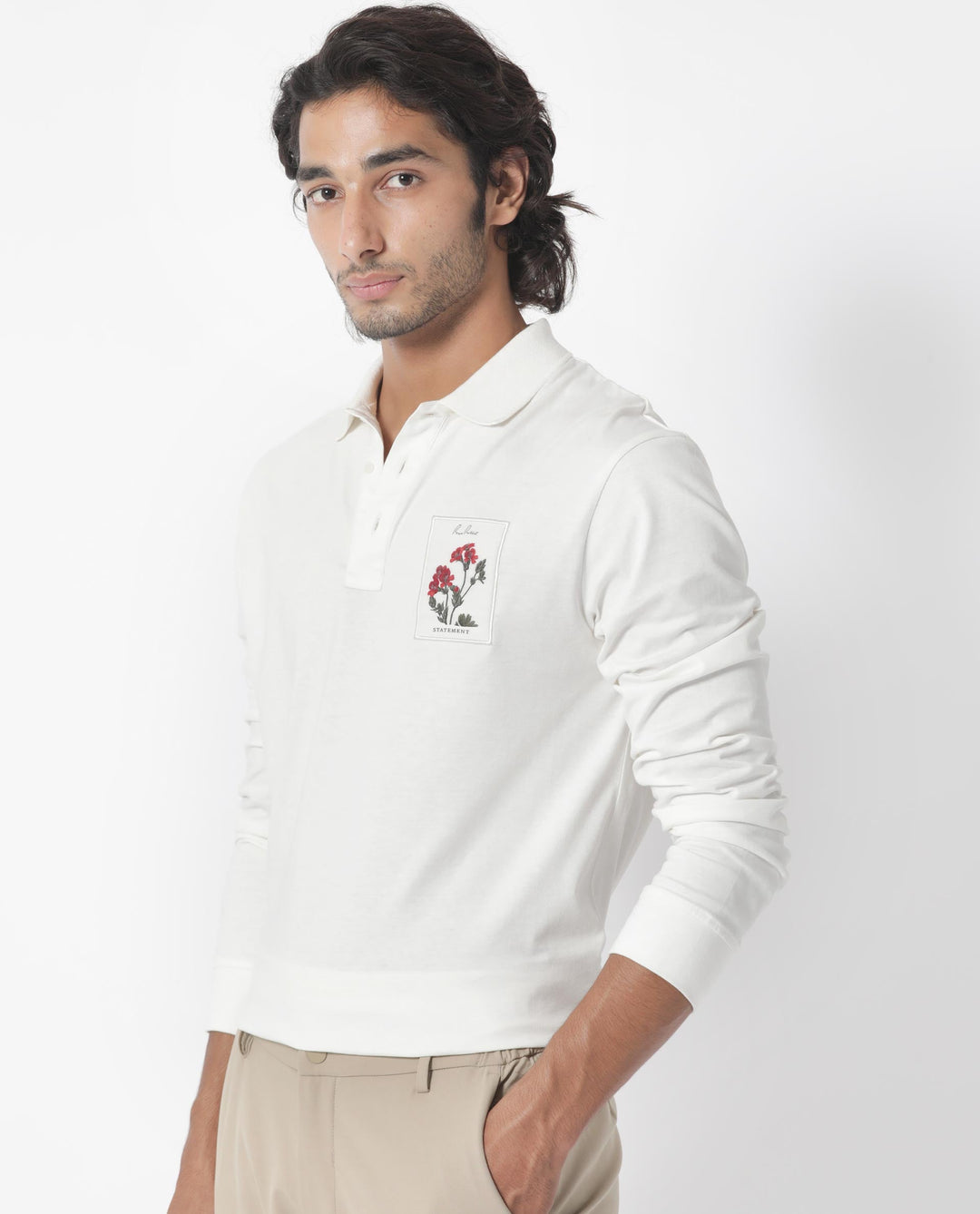 Rare Rabbit Men's Raz Off White Collared Neck Statement Chest Label Full Sleeve Polo T-Shirt