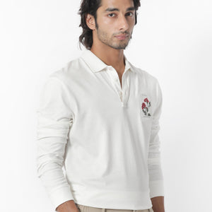 Rare Rabbit Men's Raz Off White Collared Neck Statement Chest Label Full Sleeve Polo T-Shirt